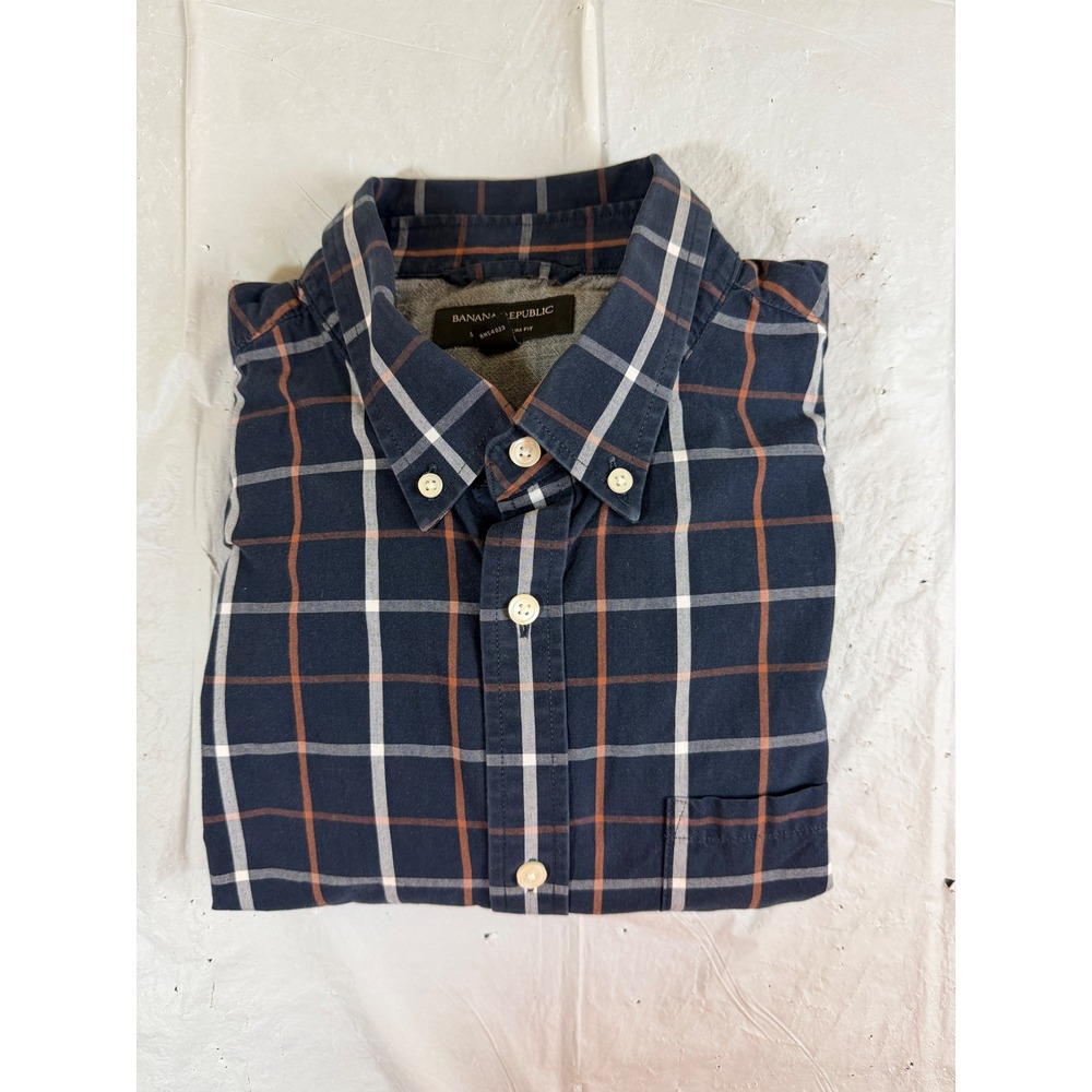 Banana Republic Soft Wash‎ Slim Fit Navy Plaid Cotton Button Down Shirt Mens XL